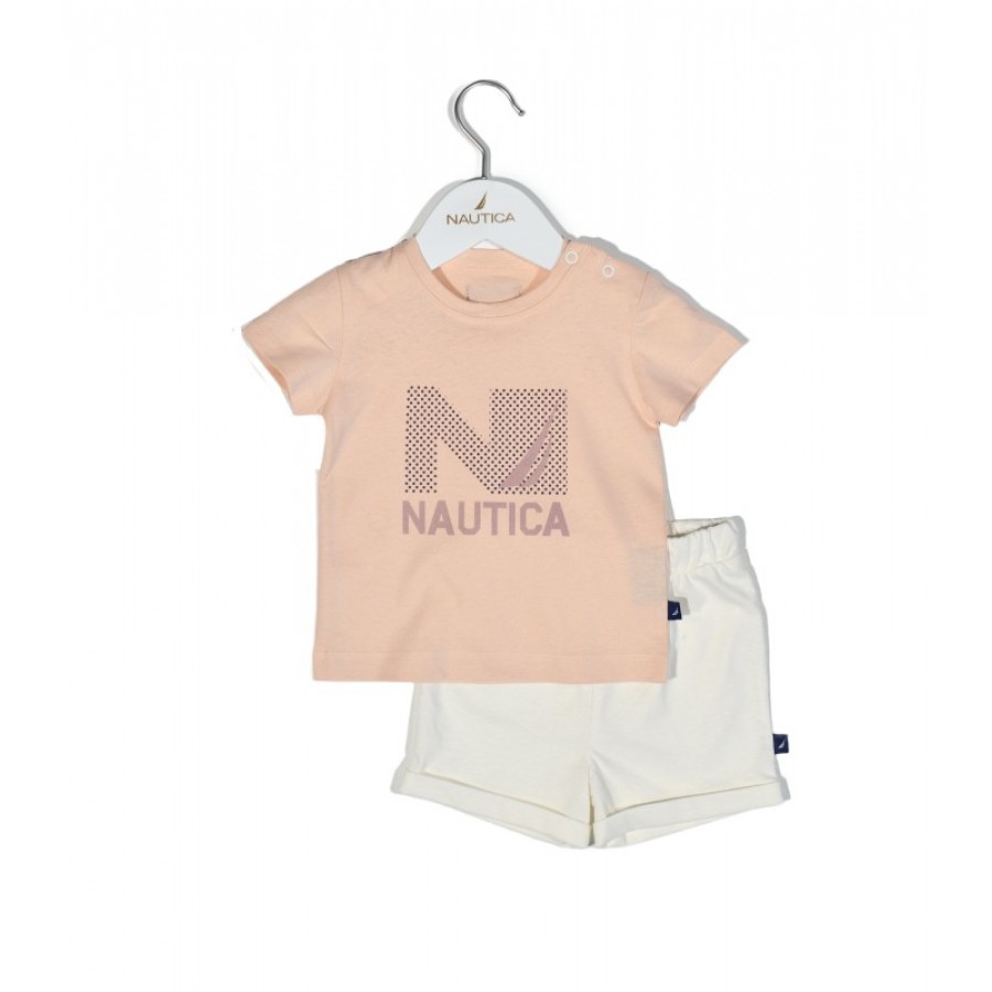 Nautica Des.16 Σετ T-Shirt & Shorts Jersey Salmon/Ecru 80cm 9-12 μηνών